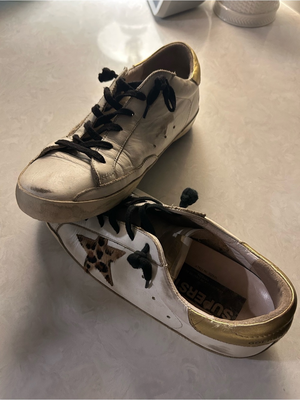 Golden Goose White Leather Sneakers with Leopard Star and Gold Heel Accent